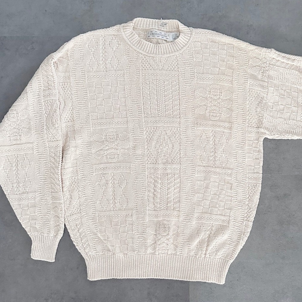 Vintage Crossings Sweater Mens XL Cream Patchwork Cable Knit Pullover old money